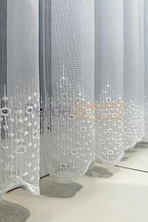 Ekru Etek İşlemeli Düz Tül Perde